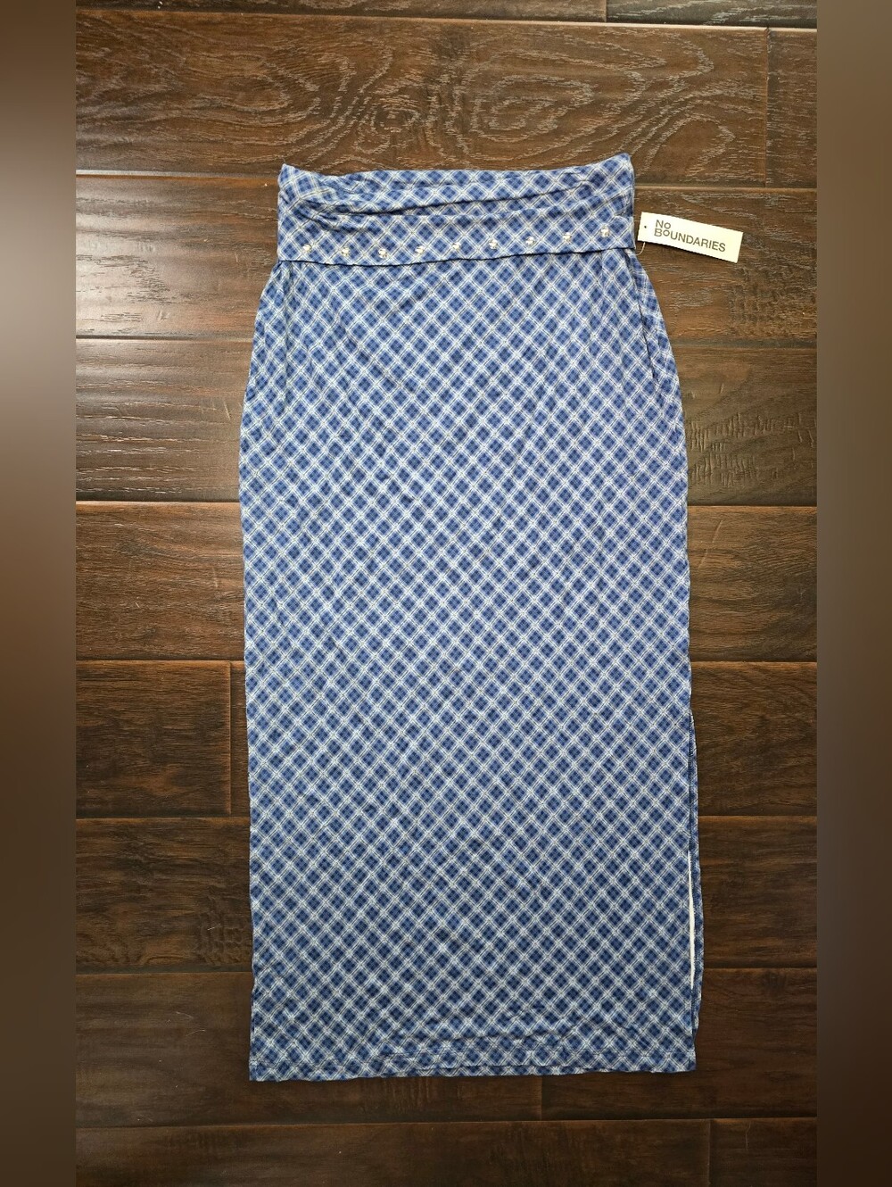 NWT No Boundaries Blue Plaid Maxi Split Leg Skirt Medium